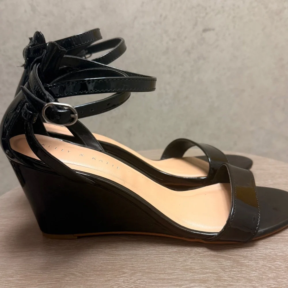 Kelly & Katie 10 Womens Black Classic Patent Wedge Double Ankle Strap Sandal
